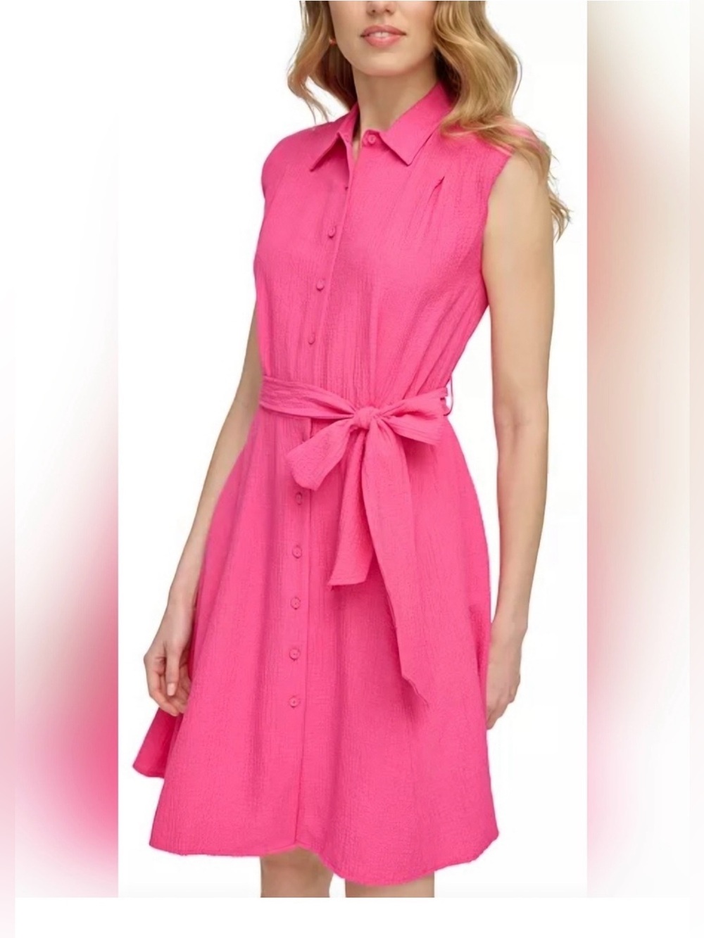 Calvin Klein Hot Pink Belted Shirt Dress Size 2 NWT Textured Button Down
